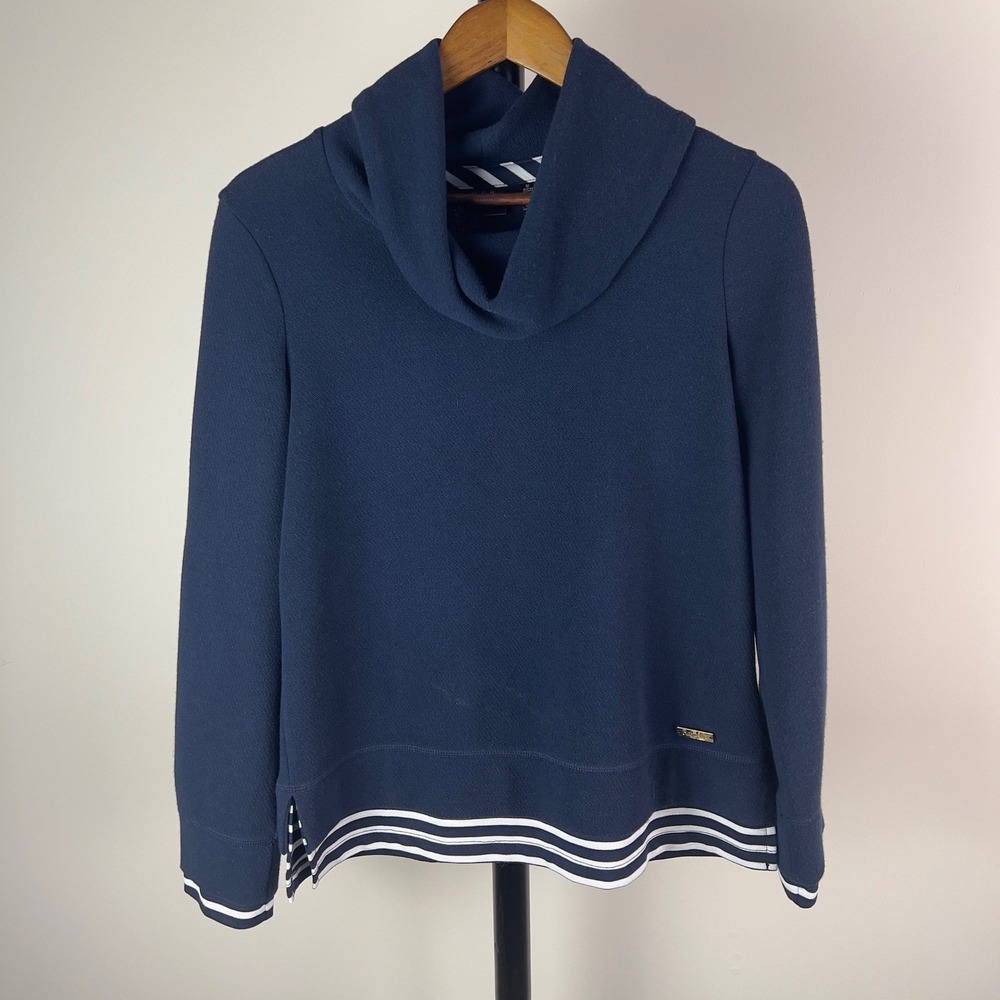 Rafaella Navy Blue Cowl Neck Layered Hem Striped Sweater Medium